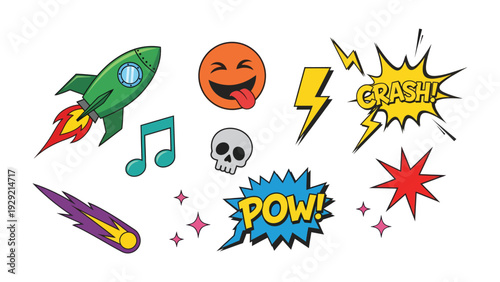 Comic Elements Illustration: A dynamic illustration features a collection of vibrant comic elements, perfect for adding a pop of energy and expression to any project.