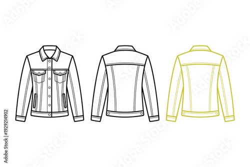 A denim jacket vector illustration in three different views and styles
