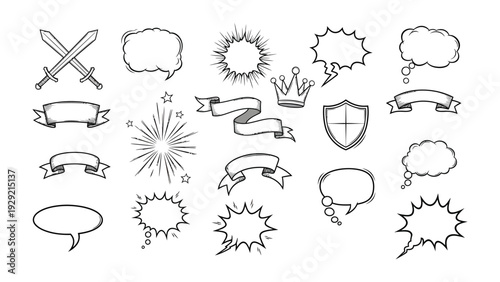 Comic elements Collection: A curated collection of comic elements and design components, including speech bubbles, banners, crowns, shields, and swords.