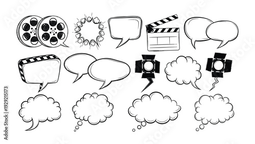 Movie Elements Icons: A collection of meticulously hand-drawn icons related to movies and film. Featuring clapperboards, film reels, speech bubbles and spotlights. 