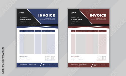 Professional invoice template in blue and maroon color schemes, ideal for small business and corporate financial records.