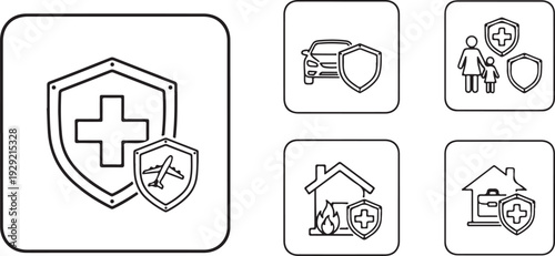 Insurance Icons Collection: Health Travel Auto Family Home Business Isolated on white background