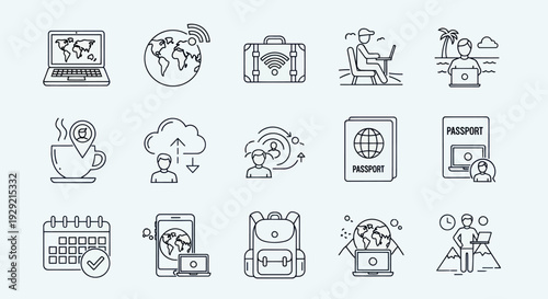 Icons representing digital nomad lifestyle and travel.