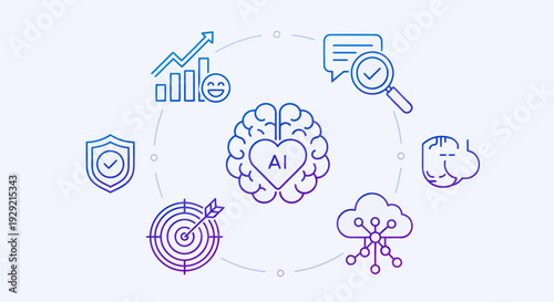 Artificial Intelligence business concept with growth, strategy, and security icons.