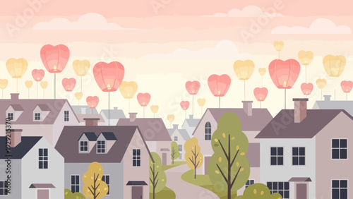 Heart shaped sky lanterns floating over a suburban neighborhood at sunset.