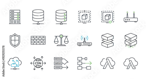 Network infrastructure and cloud computing line icons set