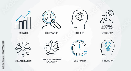 Business concepts and corporate strategy icons for efficiency and growth.