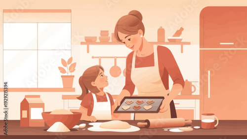 Mother and daughter baking heart shaped cookies in a cozy kitchen.