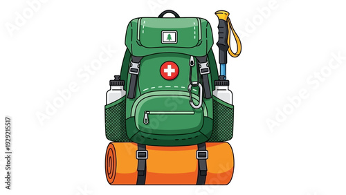 Green hiking backpack with water bottles, mat, and trekking pole.