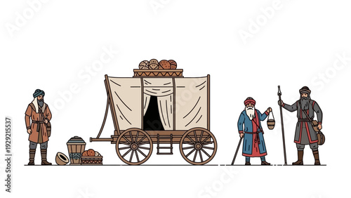Historical figures with a caravan and traditional attire.