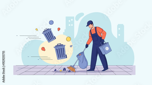 A street cleaner sweeps trash and debris on the sidewalk.