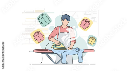 Man ironing clothes with steam in a clean room with shelves