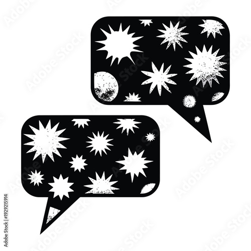 Cosmic Conversation: Two speech bubbles, filled with celestial bodies and textures, symbolize dialogue that explores the vastness of ideas and imagination.