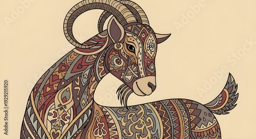 Bohemian tribal goat illustration, ornate ethnic animal art with geometric patterns, decorative capricorn zodiac goat in earthy brown and beige tones