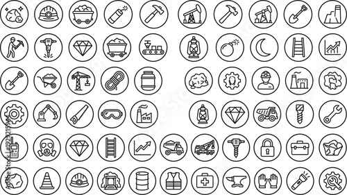 Mining Industry and Construction Line Icon Set with Tools Machinery Safety Equipment and Industrial Symbols