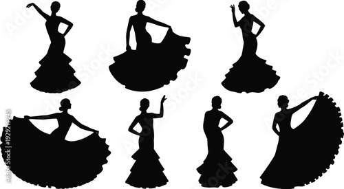 Flamenco Dancer Silhouettes Set Spanish Woman Dancing in Traditional Dress Black Vector Illustration Collection Passionate Latin Dance Poses