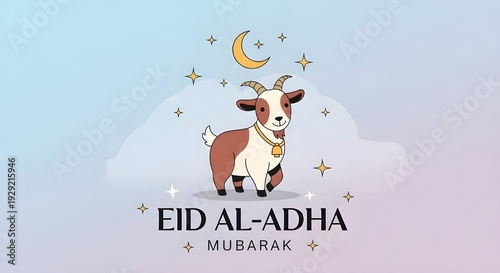 Eid Al-Adha Mubarak greeting card, cute cartoon goat with crescent moon and stars, Islamic holiday celebration banner on pastel gradient background