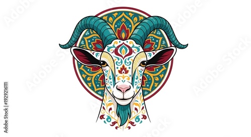 Ornate goat head illustration with mandala patterns, decorative ram mascot with floral motifs, colorful capricorn zodiac animal art on white background
