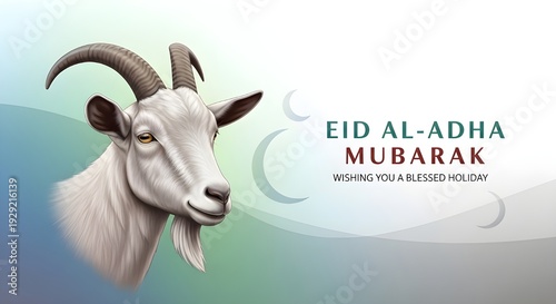 Eid Al-Adha Mubarak greeting card, white sacrificial goat head illustration, Islamic blessed holiday celebration banner with crescent moon