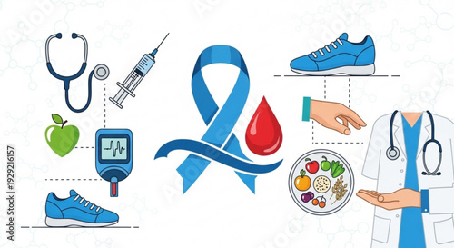 Diabetes awareness concept with blue ribbon doctor healthy food and medical equipment for blood sugar management