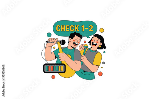 Microphone cartoon illustration of two happy people singing with a guitar