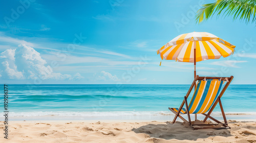 beach with umbrella and chairs