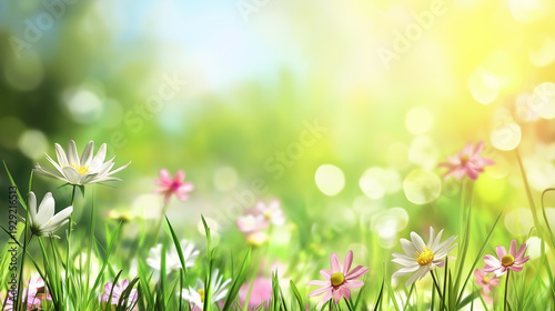 spring background with grass and flowers