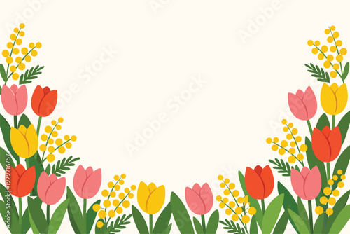 International Women’s Day Floral Horizontal Banner with Tulips and Mimosa