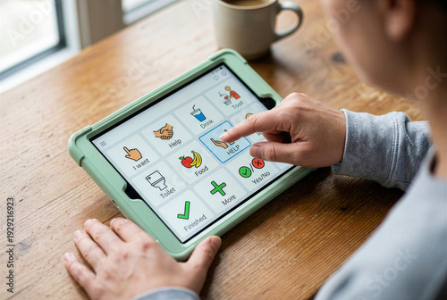 Woman using AAC app on tablet for non-verbal communication, assistive technology for autism and speech therapy, person pointing at help icon on touchscreen device, home setting.