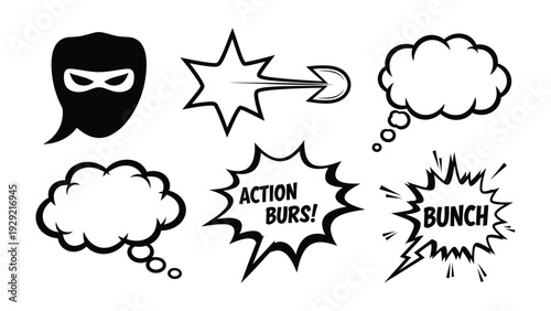 Comic-Style Dialogue and Action Bubbles: A collection of dynamic, illustrated speech and action bubbles, perfect for graphic design elements, comic strips, or adding visual flair to various projects.