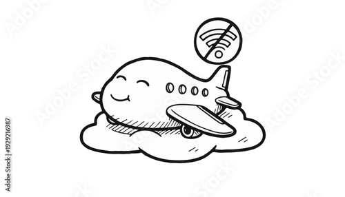 Hand-drawn Sketch Airplane Mode Relaxing on Cloud Concept for Digital Detox and Travel Wellness Retreat