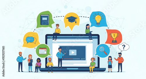 Online learning concept with people and icons around a large laptop displaying educational content on a light blue background with various symbols