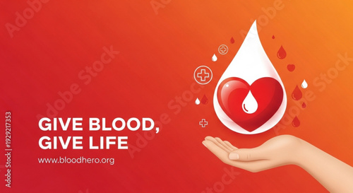 Blood donation concept with heart and drop on hand give blood give life campaign