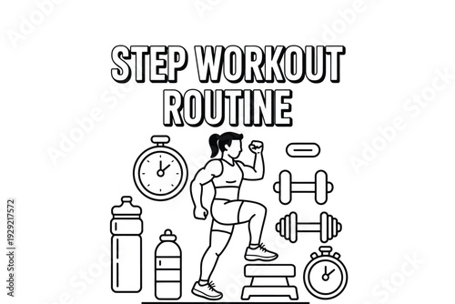 A woman doing a step workout routine with dumbbells and a stopwatch