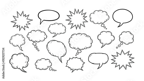 Speech Bubbles in Ink: A collection of vintage speech bubbles are etched on a backdrop. Each unique form symbolizes thought, dialogue, or announcement.