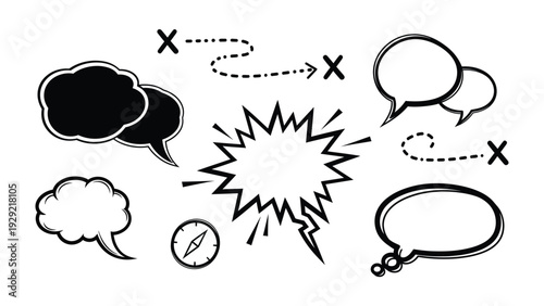 Communication bubbles in illustration: An illustration displaying a set of speech bubbles with diverse shapes and styles, along with compass elements and various action marks.