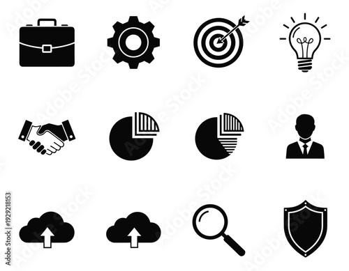Business management icons for corporate strategy and professional workflow