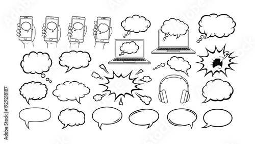 Digital Speech Bubbles Collection: An array of drawn speech bubbles and digital devices ready to convey messages, ideas, and expressions of thoughts and ideas