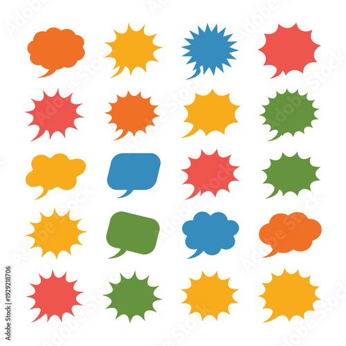 Communication Bubbles Array: A vibrant assortment of speech bubbles in a spectrum of colors, signifying dialogue, ideas, and expression in visual communication.