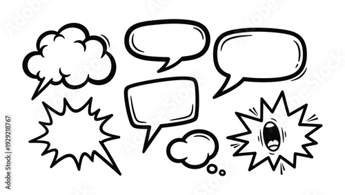 Comic Speech Bubbles: A collection of various comic speech bubbles, perfect for illustrating thoughts, dialogues, and expressions in a fun and dynamic way.