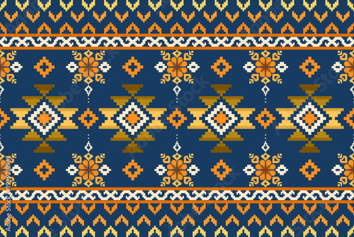 Seamless pixel tribal border pattern in navy, orange and beige. Ideal for textile printing, knitwear jacquard, upholstery fabric, garment panels and surface manufacturing.