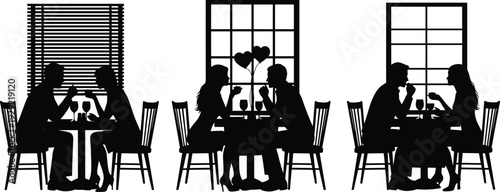 Black Silhouette Vector Set of Romantic Couples Having Dinner Dates at Restaurant Tables with Wine Glasses and Windows Isolated on a White Background