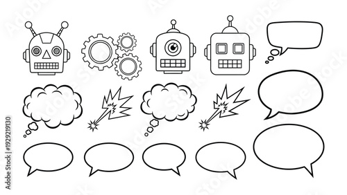 Robots and Speech Bubbles: A collection of quirky robot illustrations alongside a set of empty speech bubbles, offering space for imaginative dialogues and creative expression.