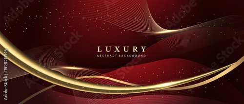 Abstract red luxury background with golden ribbon glitter elements and decoration design modern vector