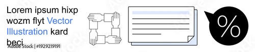 Business, teamwork, document sharing, collaboration, financial analysis, efficiency. Linked hands forming a square, document layout percentage icon. Business and teamwork concept