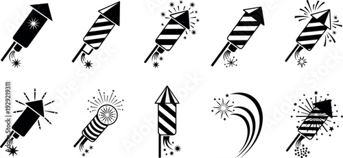 Black and white silhouette vector illustration set of festive firework rockets and sparkling firecrackers for holiday celebration and party design.