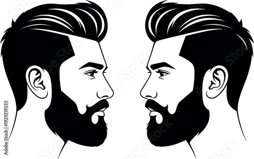 Black and white vector illustration depicting two identical profiles of a stylish bearded man with modern haircut facing each other.