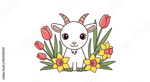 Cute Baby Goat with Tulips and Daffodils