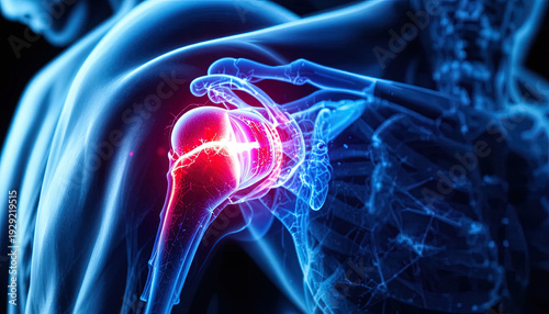 Illuminated representation of human shoulder joint suffering intense localized pain and inflammation