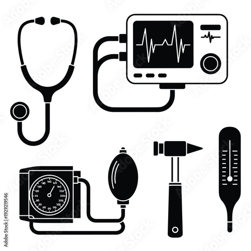 Medical equipment icons for healthcare diagnosis and clinical examination